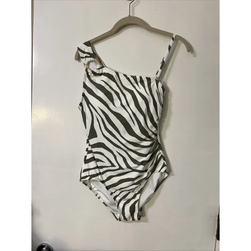 $114 Michael Kors One Shoulder‎ Logo-ring  Modern Swimsuit White/green Size 10